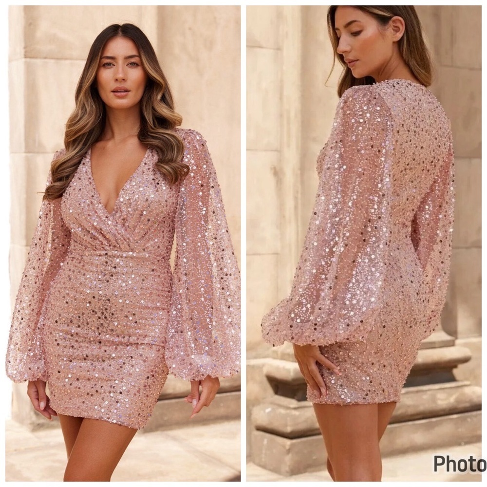 Nadine Merabi Maya Pink Sequin Embellished Mini Long Sleeve Dress Sz XS‎
